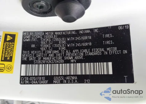 2019 Toyota Highlander Le из США, поврежденный, VIN 5TDBZRFH2KS704099